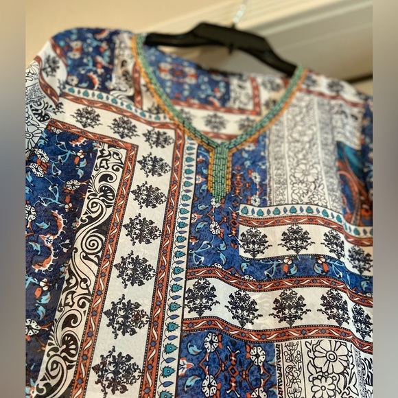 Mechant~Bold~Bohemian~Beaded Tunic Top~Semi-Sheer~Full Length Bell Sleeve~Size S - Picture 3 of 13